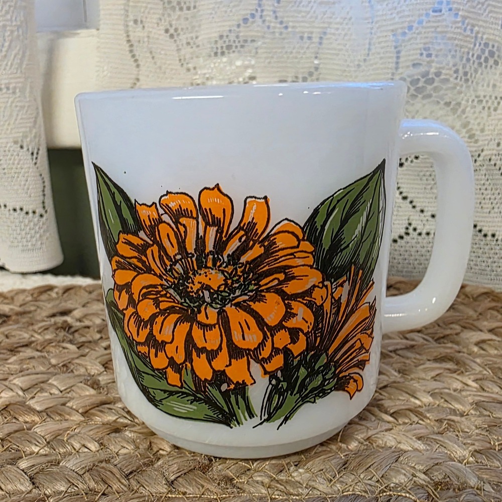 Glasbake Mug 8oz White Zinnia Language of Flowers Vintage Milk Glass 78 USA